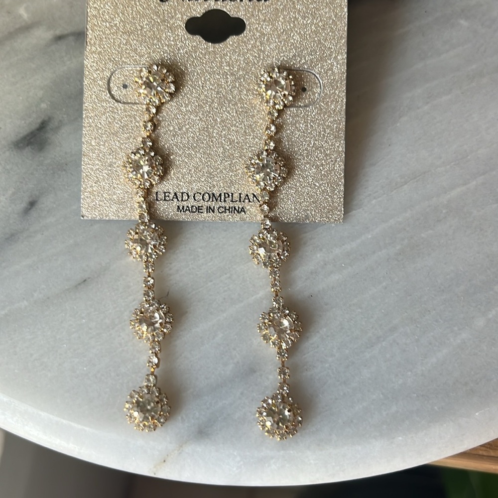 NEW NATASHA Faux Crystal Gold-Plated Long Drop Earrings